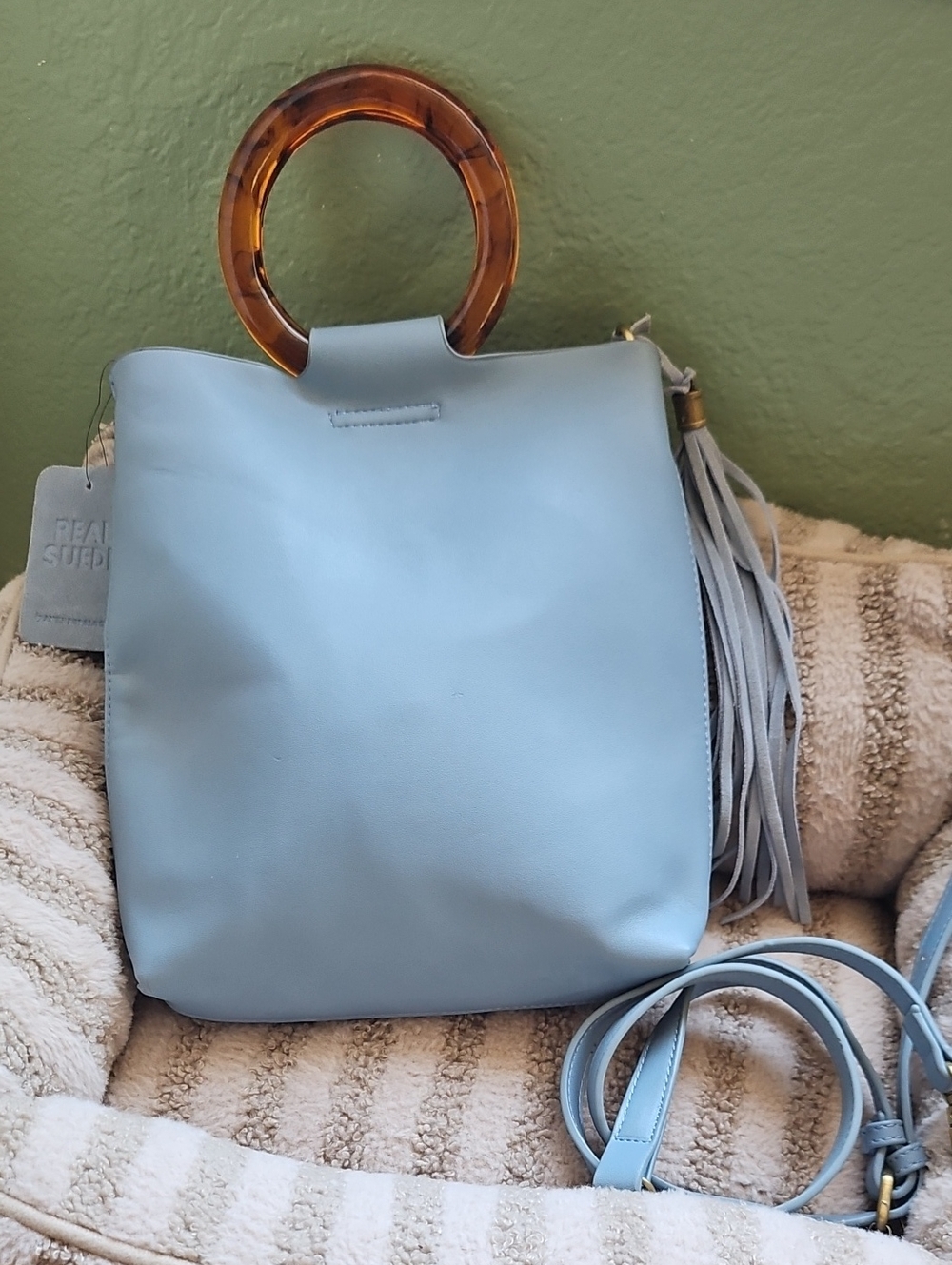 Anthropologie Light Blue Mini Handbag with Tortoiseshell Handle